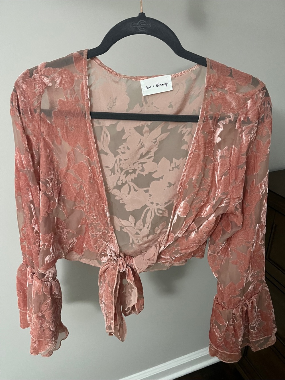 LOVE + HARMONY Pink Floral Tie-Front Sheer Top